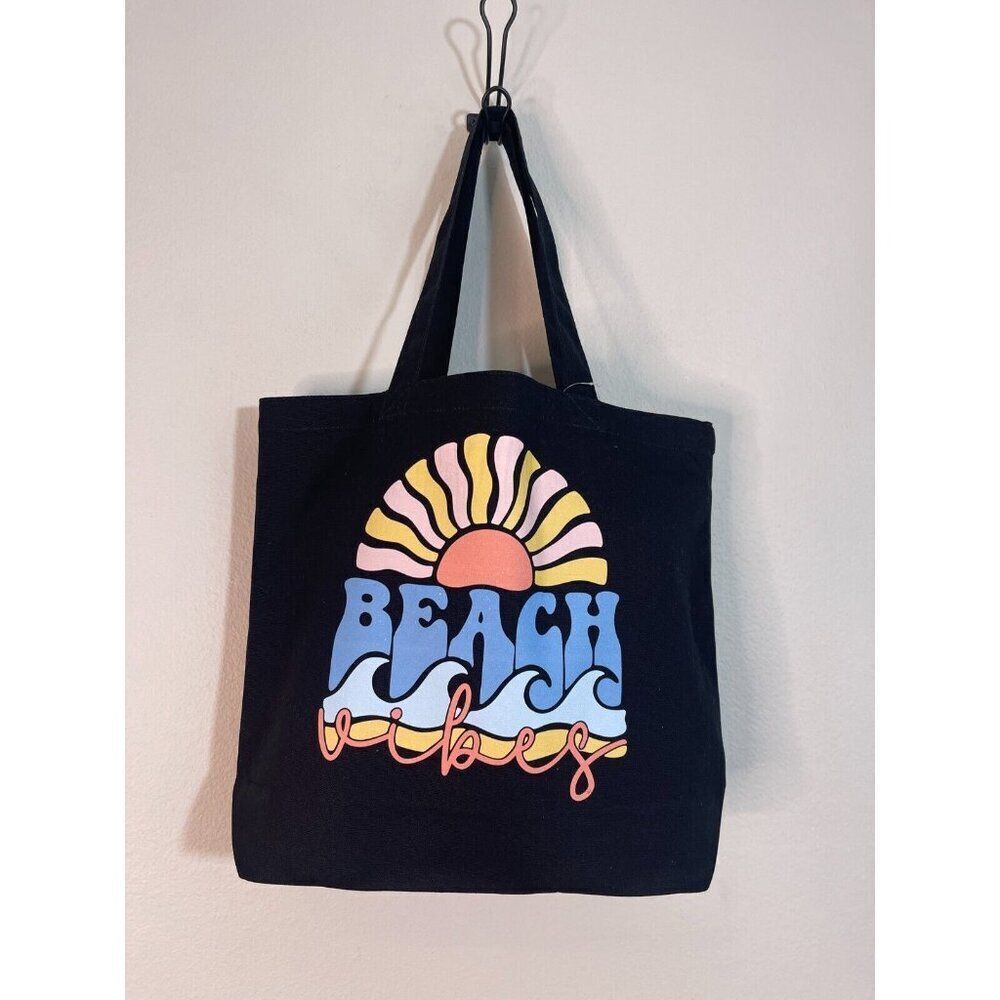 Top Design Canvas Cotton Reusable Beach Tote Shopper Beach Vibes Black NEW